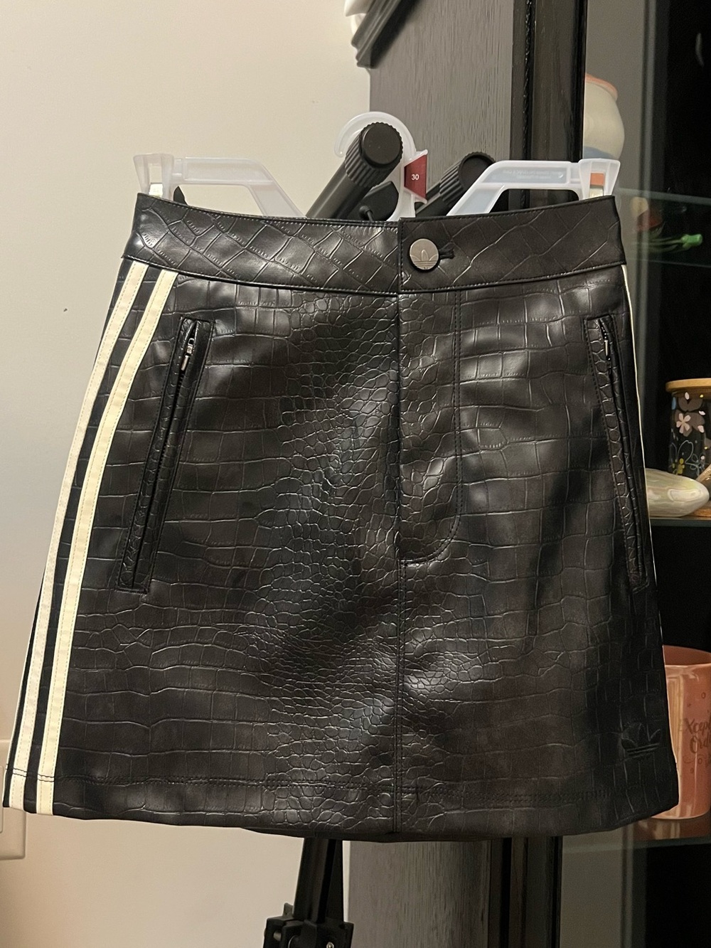 adidas Black Faux-Croc Mini Skirt with Cream Sport Stripes